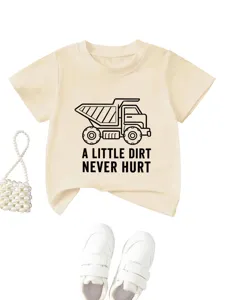 Kids short sleeve t-shirt detail showing cute dump truck graphic and slogan print design.