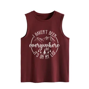 Casual women maroon tank top featuring mountain landscape graphic and inspirational quote print.