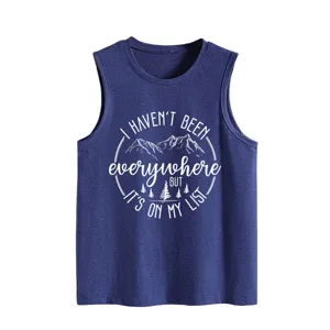 Women's casual sleeveless tank top with mountain travel print, soft summer basic vest.