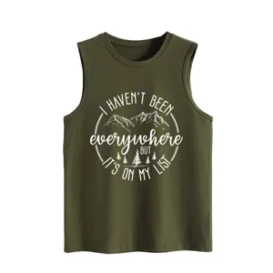 Close-up detail of the army green casual tank top showing the mountain graphic and travel print.
