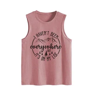 Mountain graphic print sleeveless tank top detail, casual women's mauve summer knit shirt.