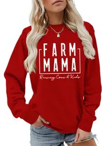 Rotes Damen Langarm Sweatshirt Detail mit weissem Farm Mama Aufdruck und modischem Look.