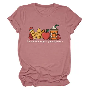 Close-up detail of the stylish casual short-sleeve t-shirt with teaching season graphic.