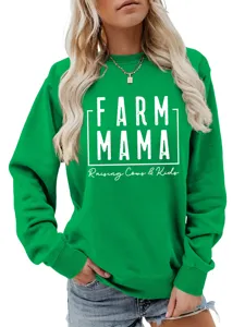 Lockerer grüner Damen Langarm Pullover mit stilvollem Buchstabenprint für die Freizeit.