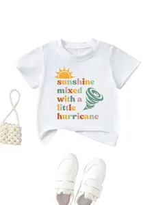 Comfortable casual kids round neck short sleeve white t-shirt with cute sunshine graphic.