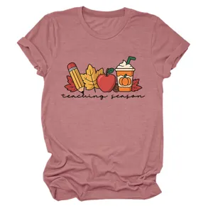 Casual women's short sleeve t-shirt featuring a cute autumn teaching season graphic print.