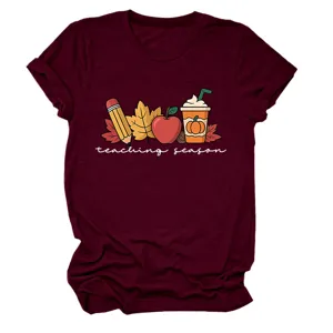 Detailed view of the teaching season maroon short sleeve t-shirt, casual autumn graphic tee.