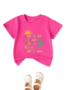 Kids pink short sleeve t-shirt featuring fun sunshine hurricane graphic print detail.