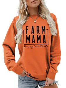 Orangenes Damen Sweatshirt Detail mit niedlichem Farm Mama Buchstaben Aufdruck Langarm.