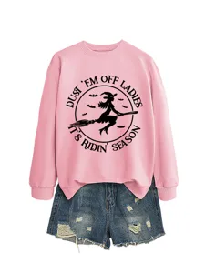 Damen Halloween Hexe Rosa Sweatshirt Langarm Lässiger Pullover Oberteil mit Jeansshorts