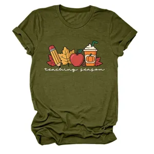 Teaching season casual women green round neck short sleeve t-shirt with autumn graphic.