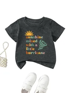 Grey short sleeve kids t-shirt with graphic print, comfortable casual children clothing detail.