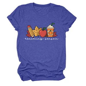 Women's short sleeve crewneck t-shirt featuring a cute autumn teaching season graphic print for daily wear.