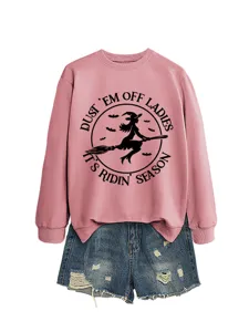 Damen rosa Grafik Langarm-Sweatshirt mit lustigem Halloween-Hexen-Design für den Herbst.