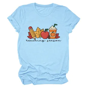 Light blue women's casual short-sleeve T-shirt with cute teaching season graphic detail.
