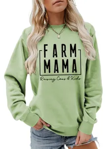 Lässiger olivgrüner Damen Langarm Pullover mit modernem Farm Mama Motiv und Print.
