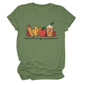 Women casual round neck short sleeve t-shirt with cute autumn teaching season graphic print