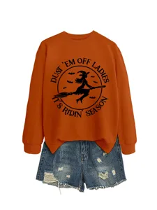 Damen Halloween Hexe Druck Orange Langarm Sweatshirt Freizeit Herbst Pullover Oberteil