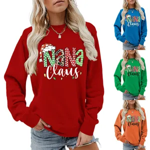 Women fashion Christmas Nana Claus letter print long sleeve crewneck pullover sweatshirt top