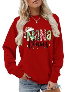 Women's festive Christmas Nana Claus graphic print red crewneck pullover sweatshirt detail