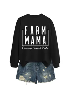 Lässiger Damen Herbst Winter Sweatshirt passend zu Jeansshorts Set mit Buchstaben Print.