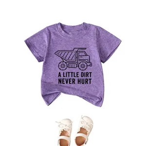 Toddler purple short sleeve t-shirt with cute dump truck graphic for casual daily wear children.