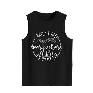 Detail view of black women tank top featuring inspirational mountain text graphic print.