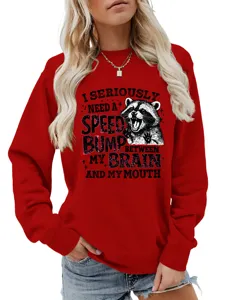 Damen roter langarm sweatshirt freizeit rundhals pullover mit lustigem waschbären grafik top.