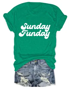 Groene dames t-shirt met korte mouwen en Sunday Funday letterprint casual zomertop