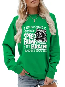 Lässiger Damen Langarm grüner Pullover mit lustigem Waschbär Grafik Rundhals Oberteil