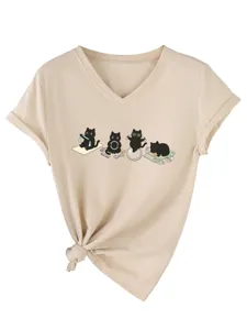 Imprimé chat yoga mignon col V manches courtes t-shirt kaki détail nœud mode