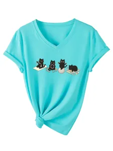 Mignon chat noir yoga col V t-shirt à manches courtes pour femmes haut d'été décontracté
