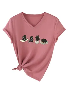 Femme Chat Noir Yoga Col V Manches Courtes T-Shirt Décontracté Été Haut Top Mode