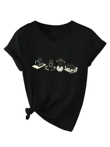 Femme T-Shirt Noir Col V Manches Courtes Imprimé Chats Yoga Mignon Ourlet Noué Top