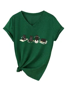 T-shirt femme col V manches courtes chat yoga mignon haut décontracté été détail