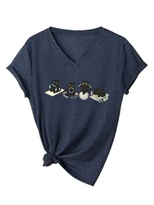 T-shirt femme chat noir yoga col V manches courtes, haut bleu chiné décontracté.