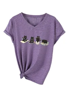 Femme mignon chat noir yoga impression col V manches courtes violet t-shirt haut décontracté