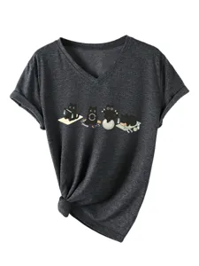 T-shirt femme col V manches courtes gris foncé imprimé chat yoga mignon haut décontracté