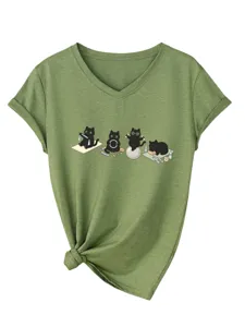 T-shirt femme graphique chats yoga mignon col V manches courtes noué élégant haut d'été