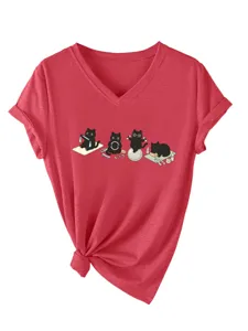 Femmes mignonnes chats noirs yoga impression col V manches courtes t-shirt rouge top