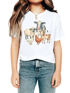Kids short sleeve white t-shirt featuring cute watercolor farm animals print, casual round neck top.