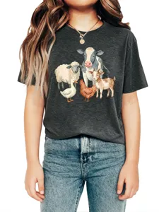 Kids farm animals graphic short sleeve t-shirt, cute watercolor cow sheep duck tee.