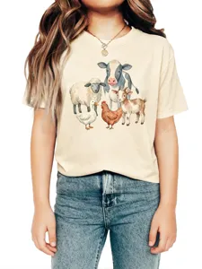 Cute farm animal watercolor print short sleeve t-shirt, casual summer children top apparel.