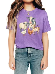 Charming watercolor farm animals print kids purple short sleeve t-shirt detail view.