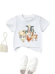 Cute watercolor farm animal print kids white t-shirt, casual short sleeve top for boys and girls.