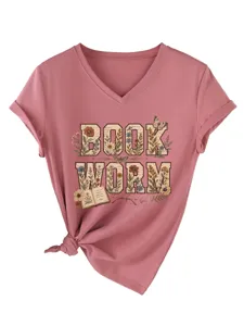 T-shirt femme col V manches courtes imprimé floral livre vintage style décontracté
