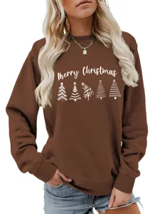Women brown Christmas sweatshirt long sleeve crewneck festive winter casual pullover top