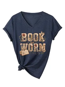 Femme t-shirt graphique vintage col V manches courtes décontracté avec revers de manche