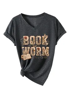 Femme vintage ver de livre graphique col V manches courtes t-shirt decontracte ete