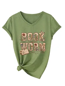 T-shirt décontracté vert à col en V pour femmes avec imprimé floral de rat de bibliothèque.